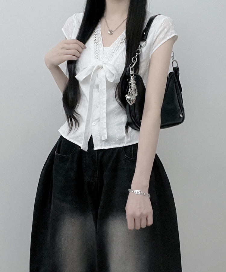 リボンVネックキャップスリーブブラウス WHITE