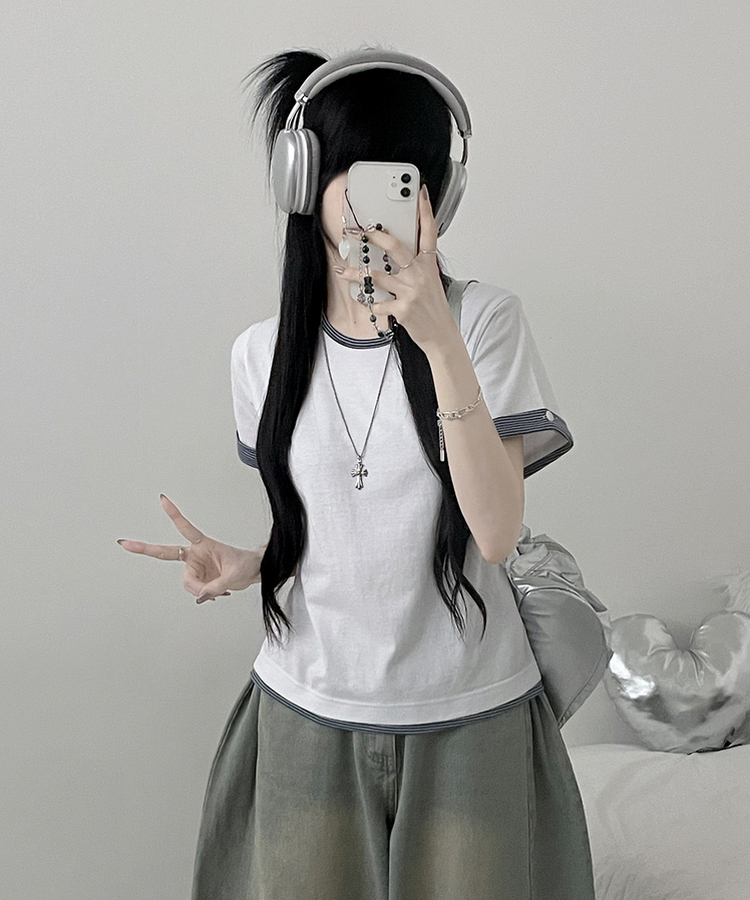 ロールアップボタンストライプレイヤード半袖Tシャツ WHITE
