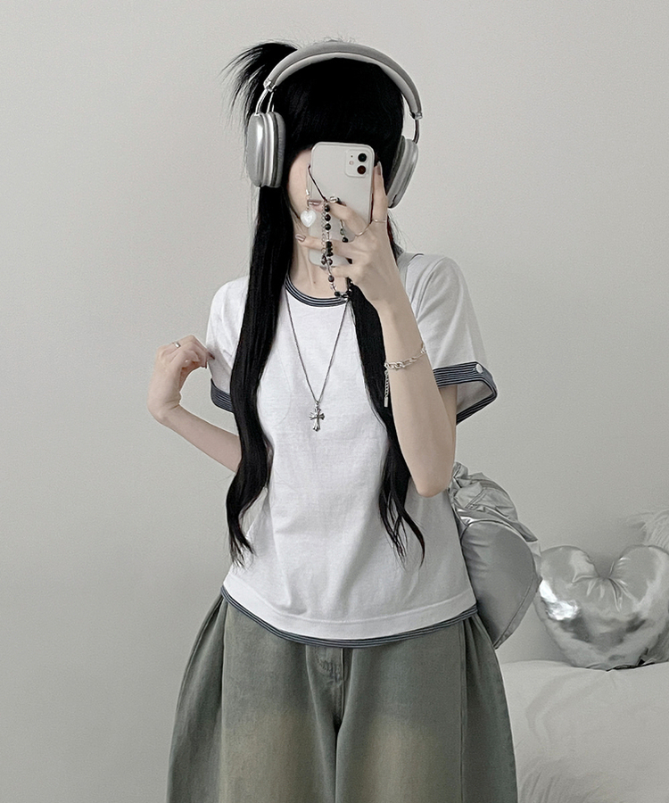 ロールアップボタンストライプレイヤード半袖Tシャツ WHITE