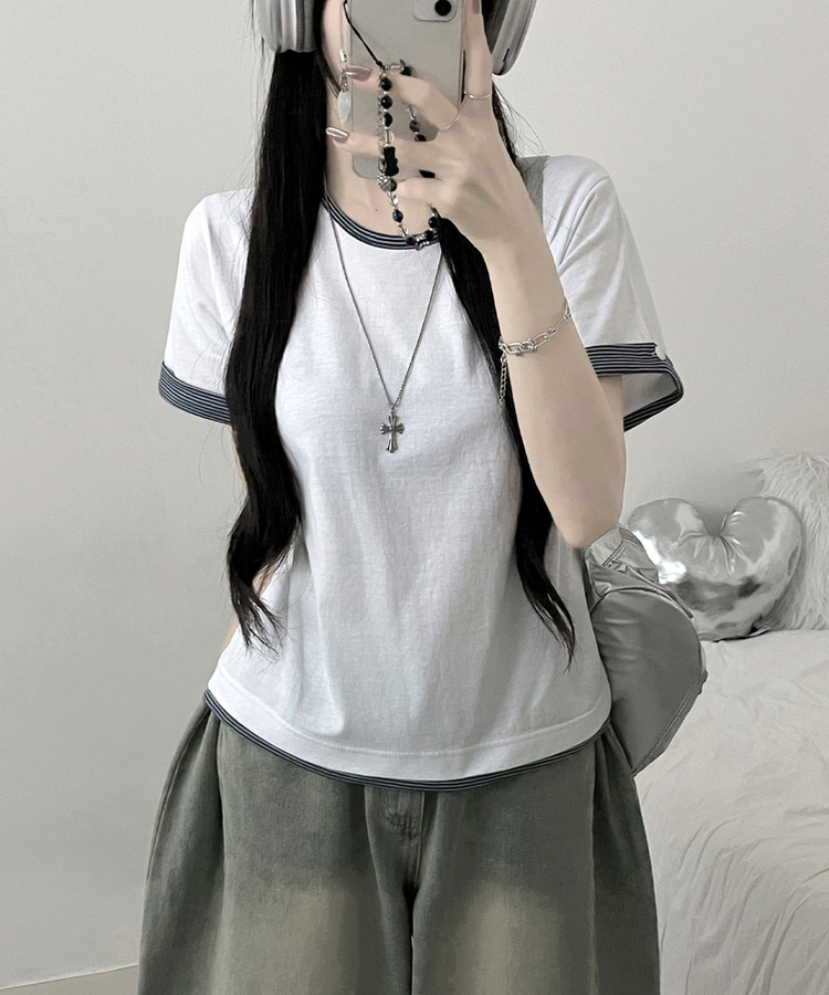 ロールアップボタンストライプレイヤード半袖Tシャツ WHITE