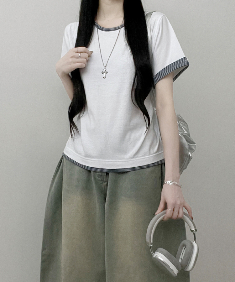 ロールアップボタンストライプレイヤード半袖Tシャツ WHITE