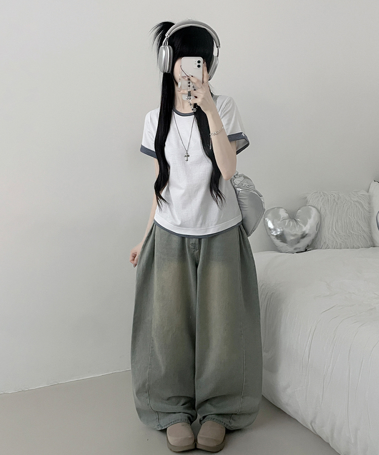 ロールアップボタンストライプレイヤード半袖Tシャツ WHITE