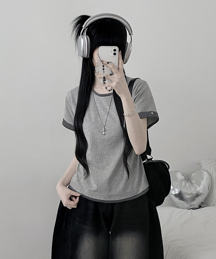 ロールアップボタンストライプレイヤード半袖Tシャツ GREY