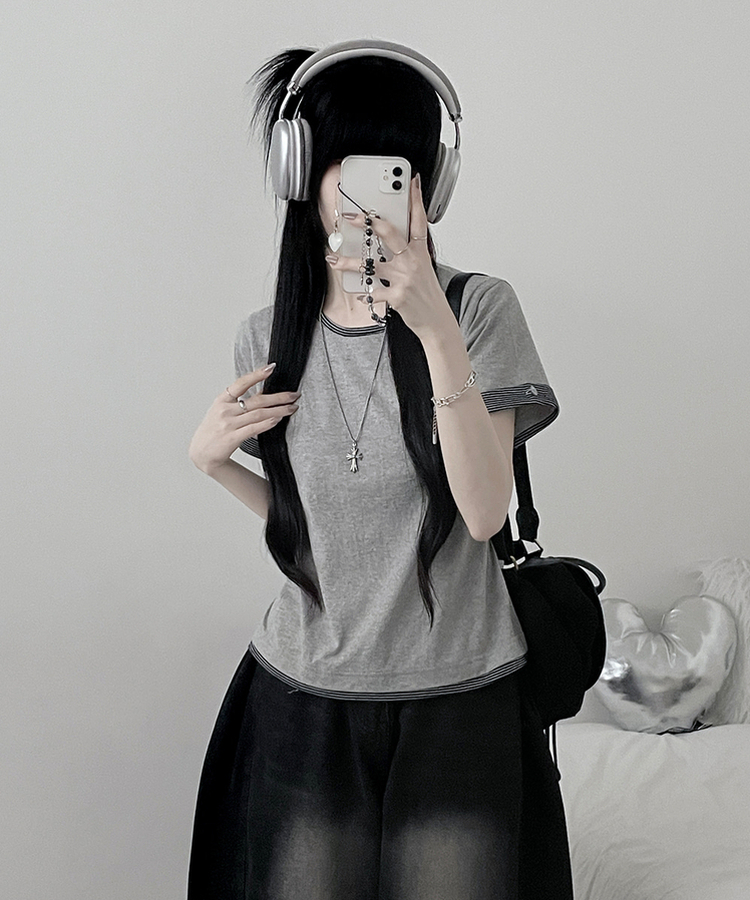 ロールアップボタンストライプレイヤード半袖Tシャツ GREY