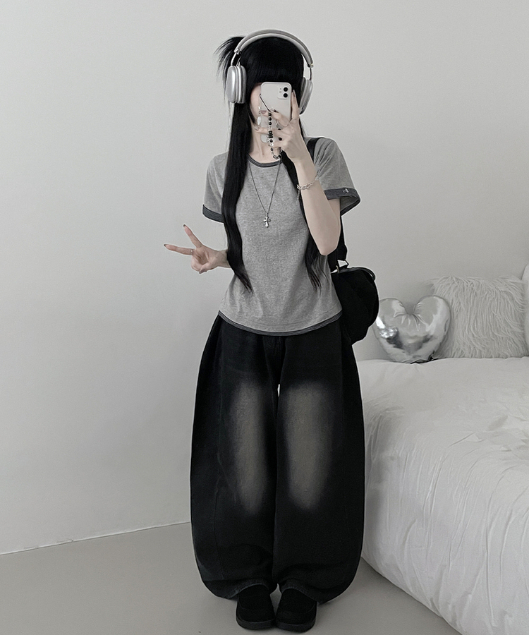 ロールアップボタンストライプレイヤード半袖Tシャツ GREY