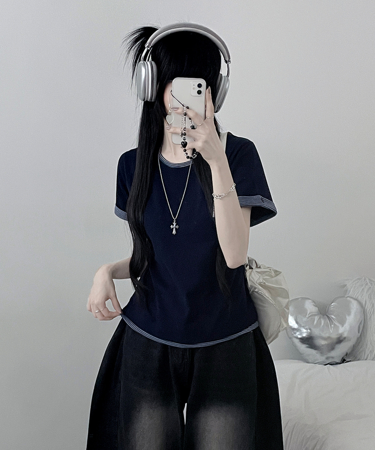 ロールアップボタンストライプレイヤード半袖Tシャツ NAVY