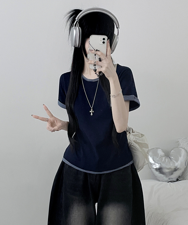 ロールアップボタンストライプレイヤード半袖Tシャツ NAVY