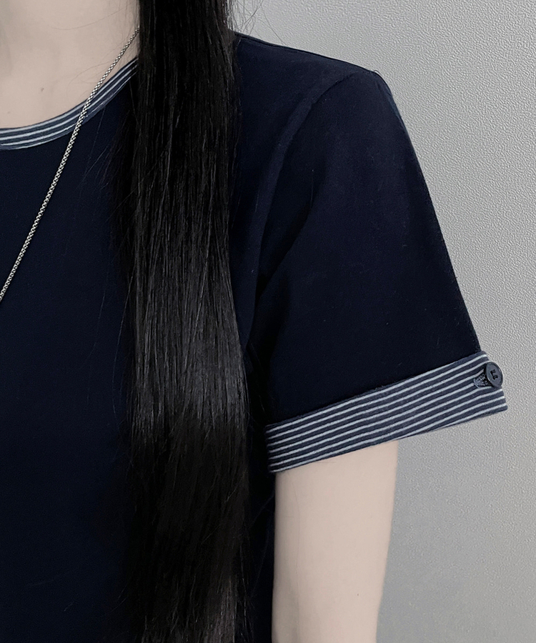 ロールアップボタンストライプレイヤード半袖Tシャツ NAVY