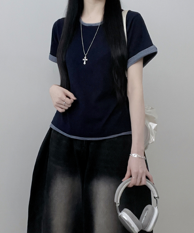 ロールアップボタンストライプレイヤード半袖Tシャツ NAVY