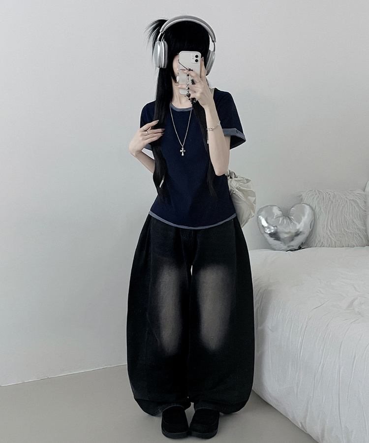ロールアップボタンストライプレイヤード半袖Tシャツ NAVY
