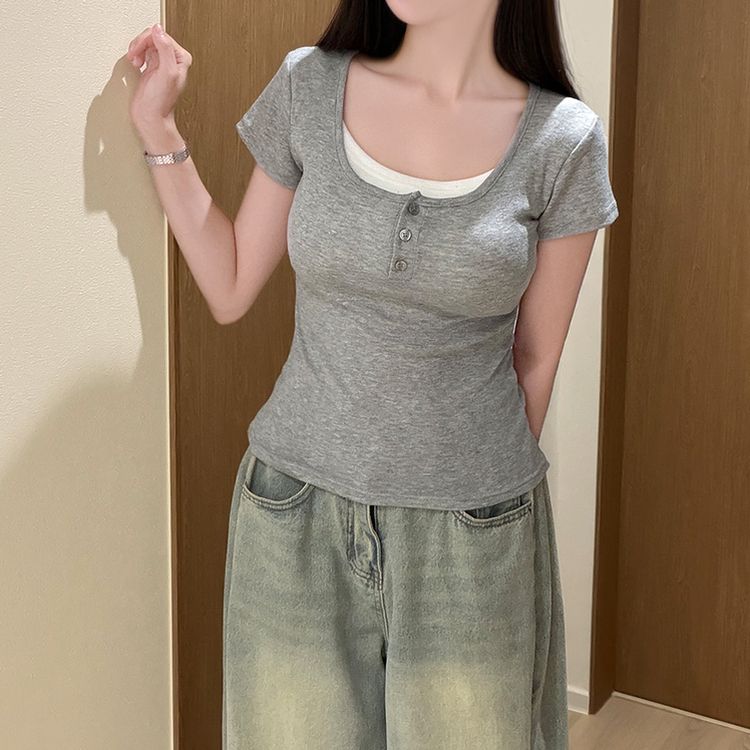 ボタンレイヤードUネックスリム半袖Tシャツ(8color) MELANGE