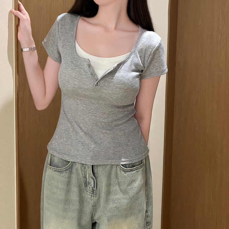 ボタンレイヤードUネックスリム半袖Tシャツ(8color) MELANGE