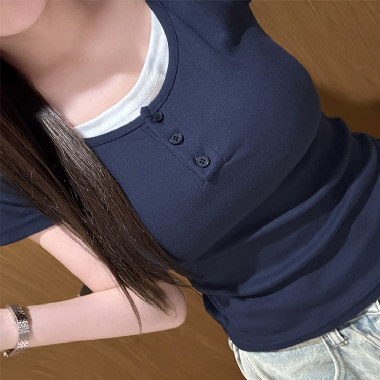 ボタンレイヤードUネックスリム半袖Tシャツ(8color) NAVY