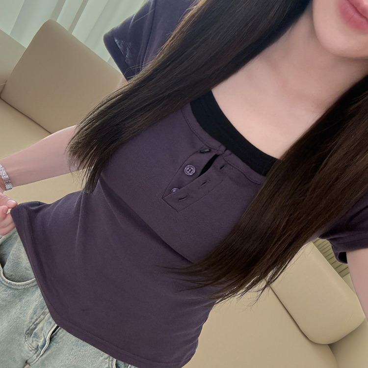 ボタンレイヤードUネックスリム半袖Tシャツ(8color) PURPLE