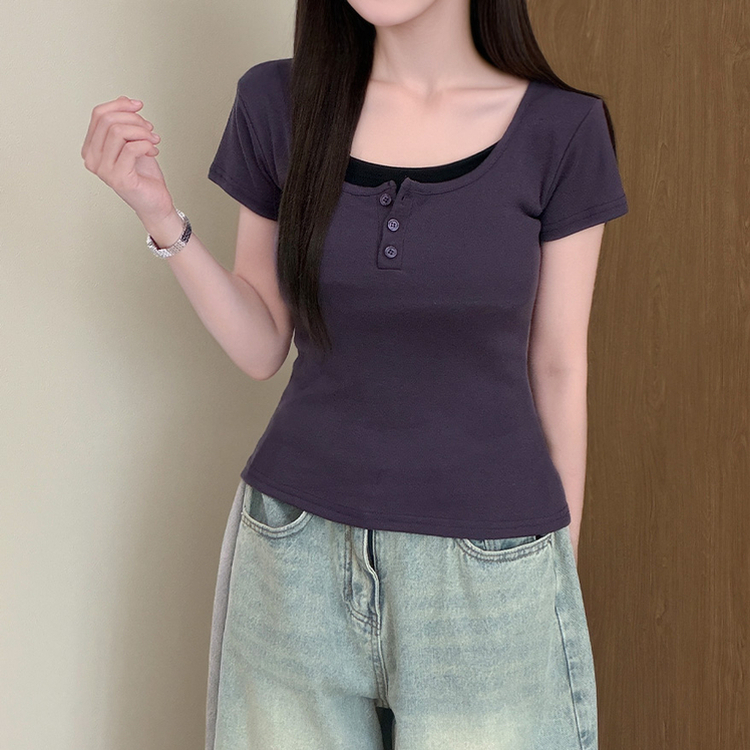 ボタンレイヤードUネックスリム半袖Tシャツ(8color) PURPLE