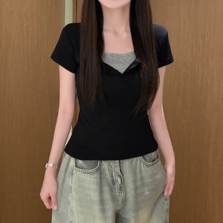 ボタンレイヤードUネックスリム半袖Tシャツ(8color) BLACK