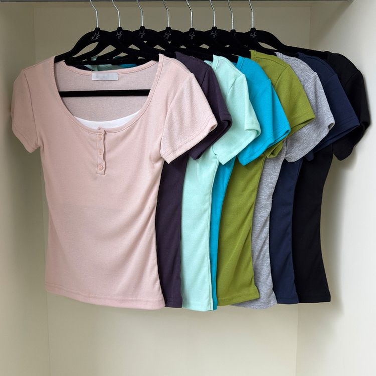 ボタンレイヤードUネックスリム半袖Tシャツ(8color)