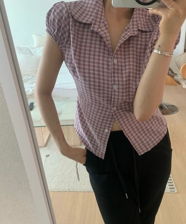 チェックラウンドカラー半袖シャツ PINK