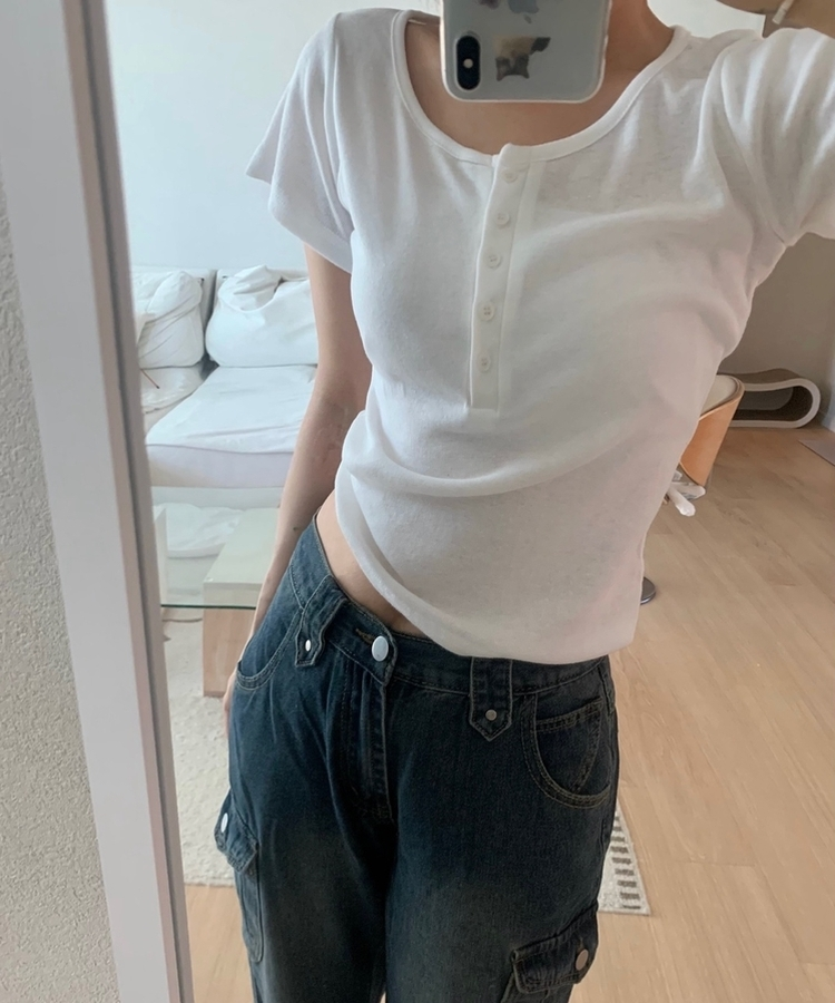 ラウンドボタンスリム半袖Tシャツ(6color) IVORY
