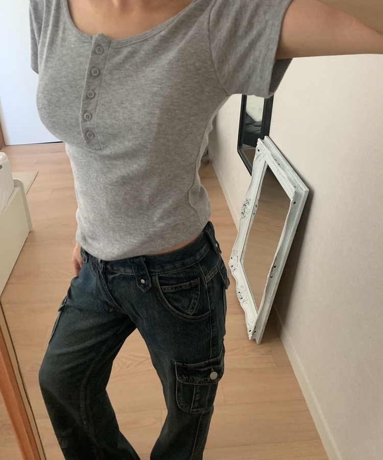 ラウンドボタンスリム半袖Tシャツ(6color) MELANGE