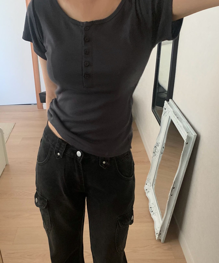 ラウンドボタンスリム半袖Tシャツ(6color) CHARCOAL