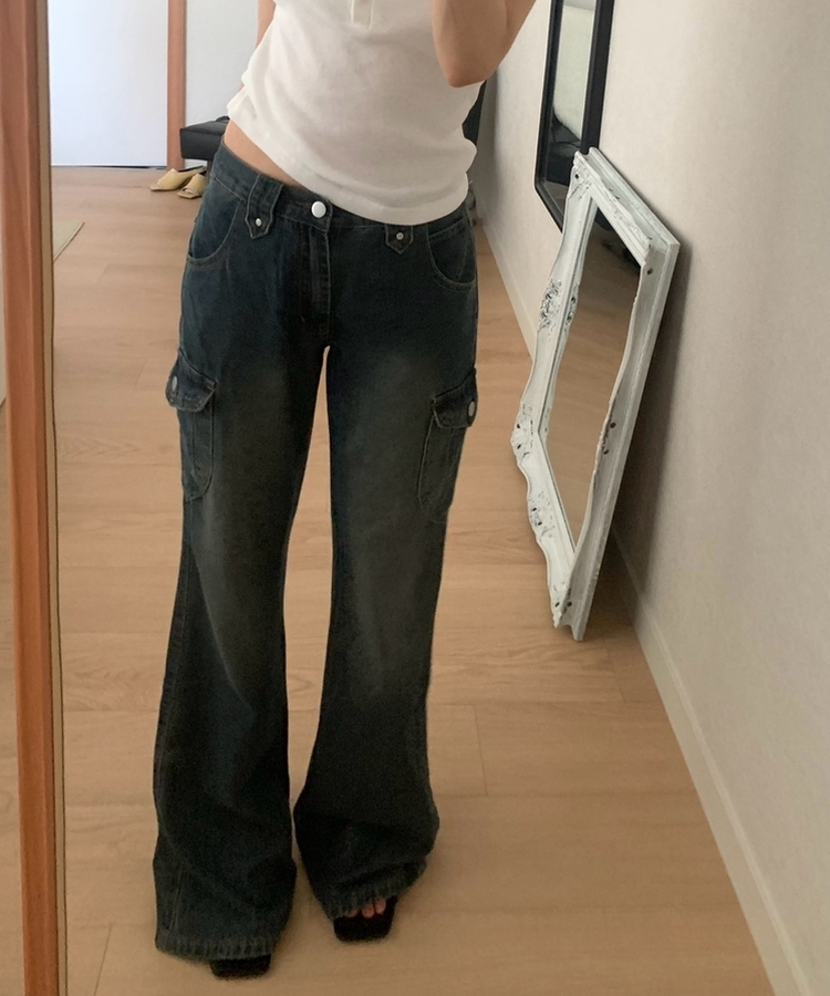 ウォッシュドデニムカーゴブーツカットパンツ MID DENIM