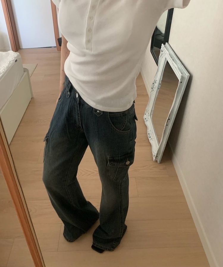 ウォッシュドデニムカーゴブーツカットパンツ MID DENIM