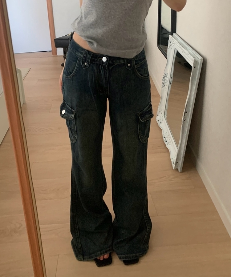 ウォッシュドデニムカーゴブーツカットパンツ DEEP DENIM
