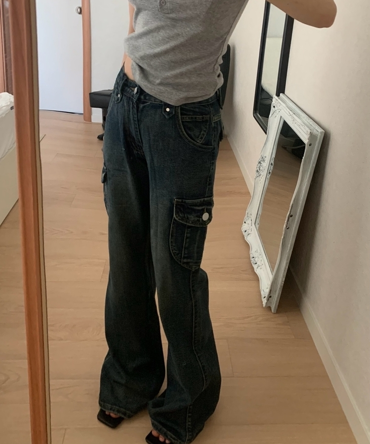 ウォッシュドデニムカーゴブーツカットパンツ DEEP DENIM