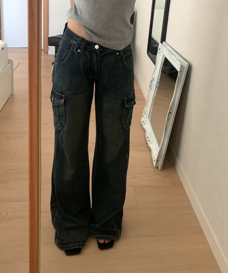 ウォッシュドデニムカーゴブーツカットパンツ DEEP DENIM