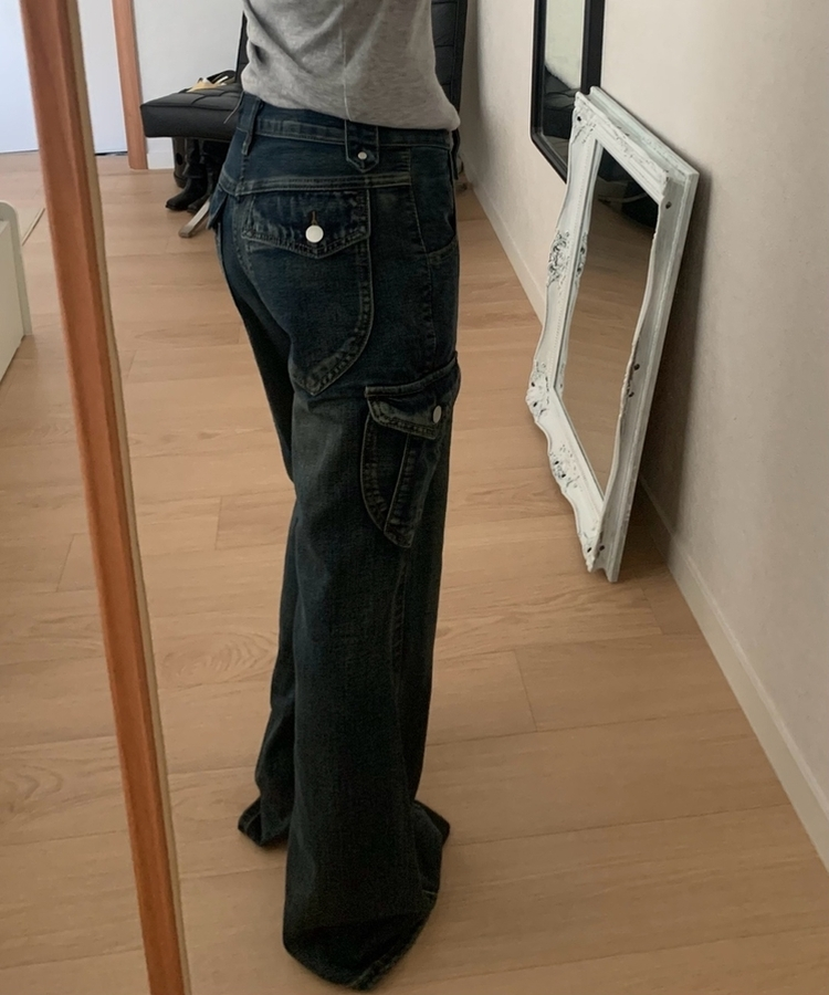 ウォッシュドデニムカーゴブーツカットパンツ DEEP DENIM
