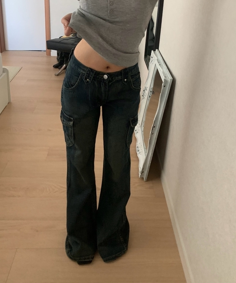 ウォッシュドデニムカーゴブーツカットパンツ DEEP DENIM