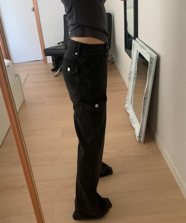 ウォッシュドデニムカーゴブーツカットパンツ BLACK DENIM