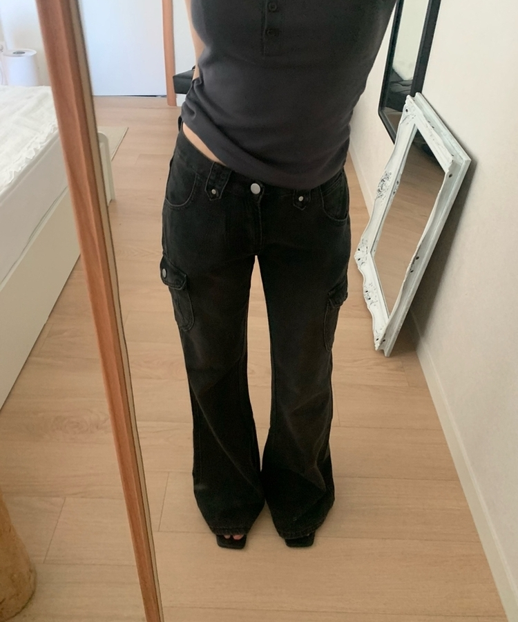 ウォッシュドデニムカーゴブーツカットパンツ BLACK DENIM