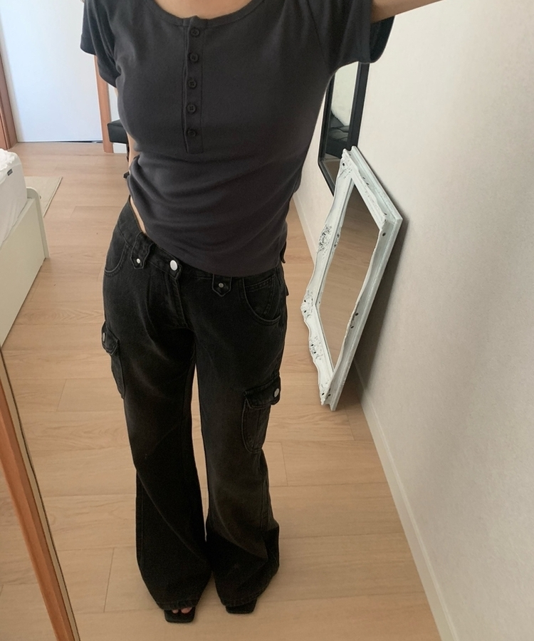 ウォッシュドデニムカーゴブーツカットパンツ BLACK DENIM
