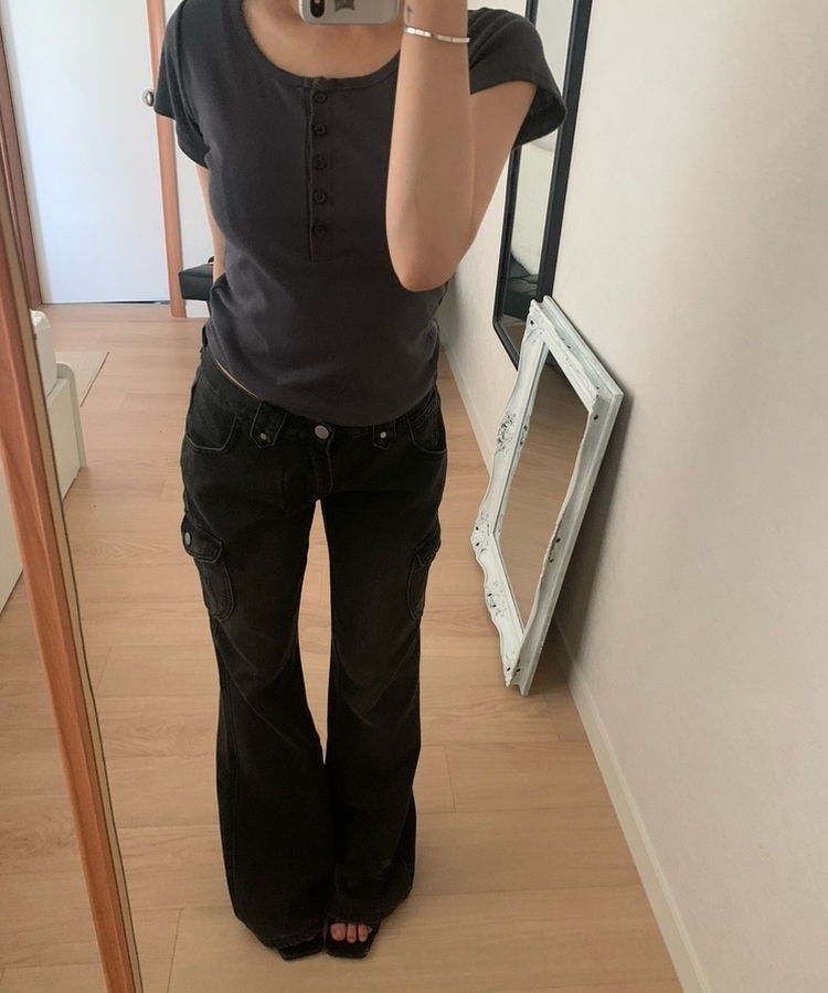 ウォッシュドデニムカーゴブーツカットパンツ BLACK DENIM