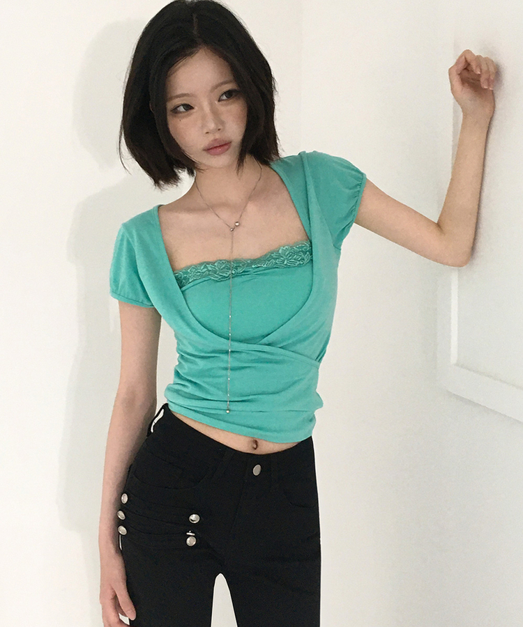 レースラップレイヤードパフ半袖Tシャツ MINT