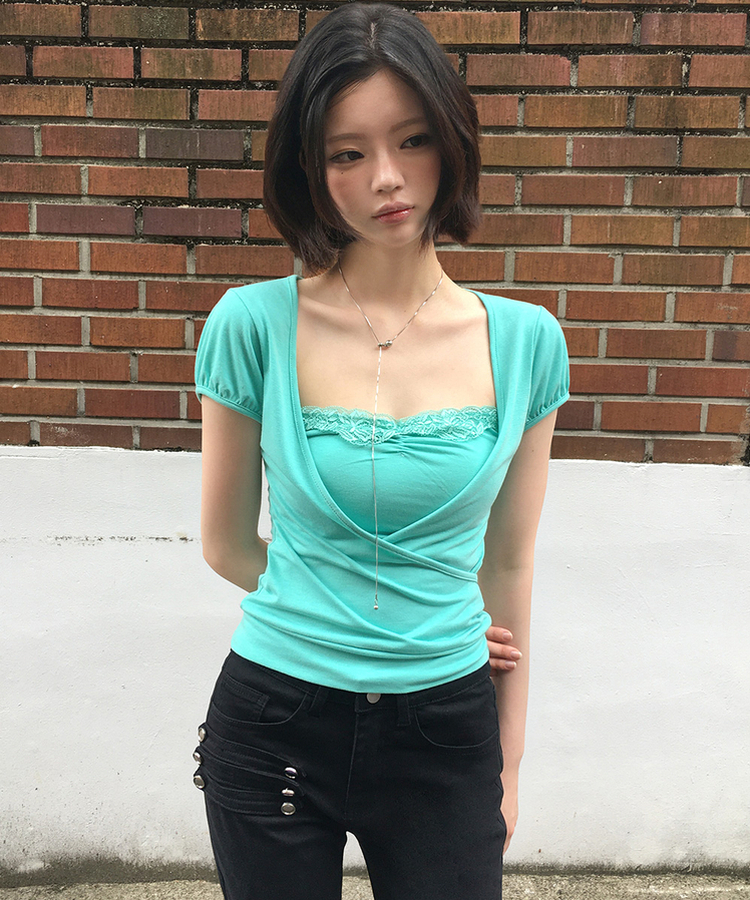 レースラップレイヤードパフ半袖Tシャツ MINT