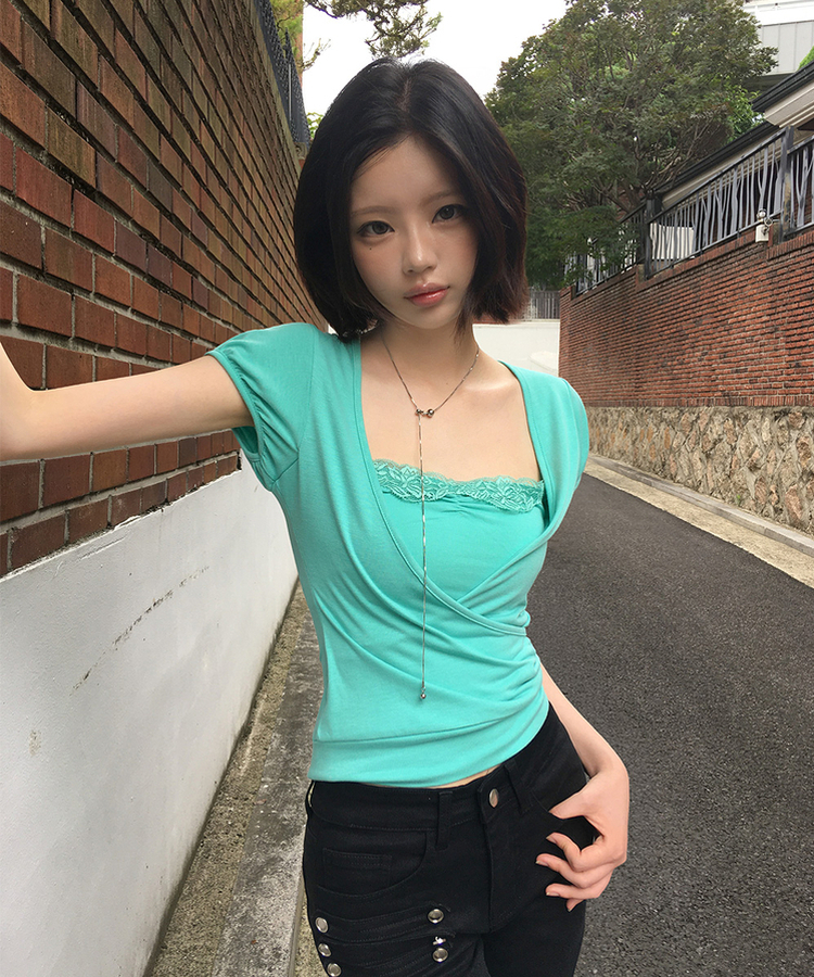 レースラップレイヤードパフ半袖Tシャツ MINT