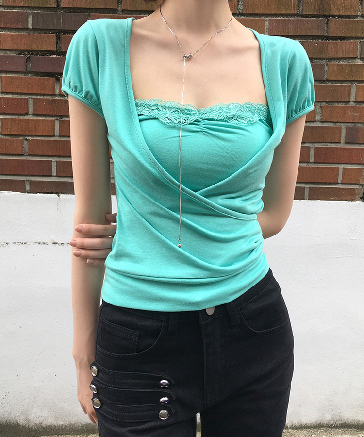 レースラップレイヤードパフ半袖Tシャツ MINT