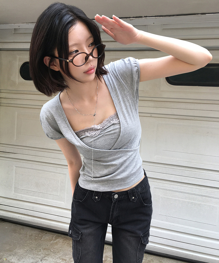 レースラップレイヤードパフ半袖Tシャツ GREY