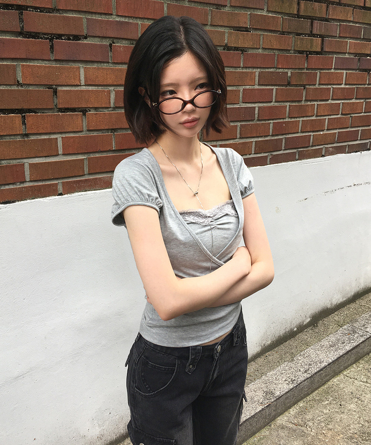 レースラップレイヤードパフ半袖Tシャツ GREY