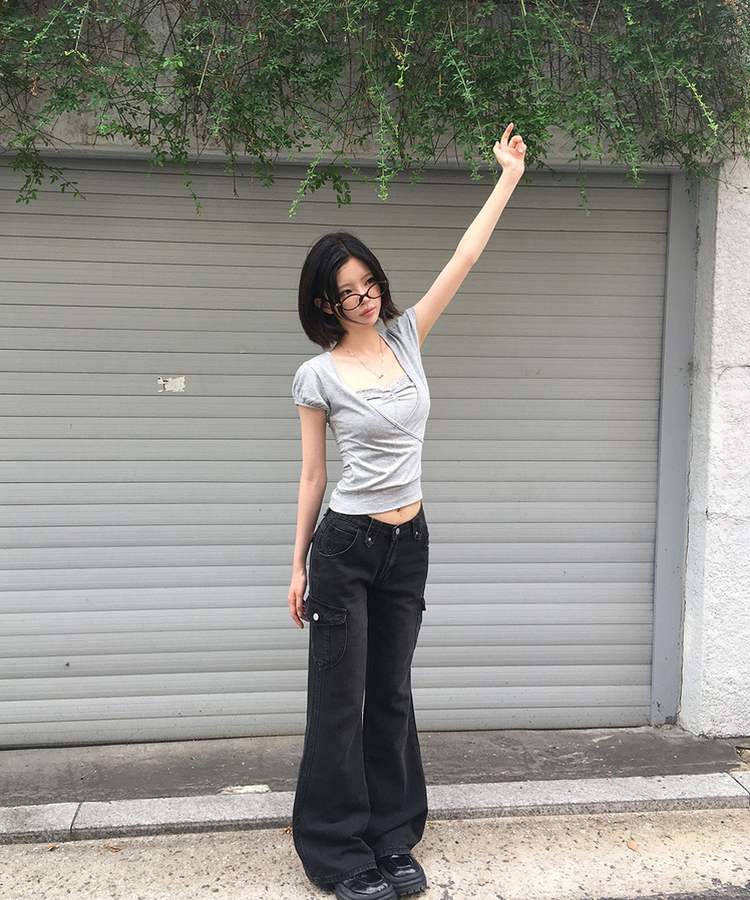 レースラップレイヤードパフ半袖Tシャツ GREY