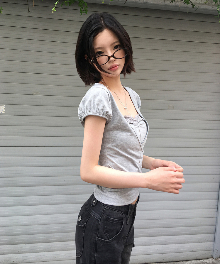 レースラップレイヤードパフ半袖Tシャツ GREY