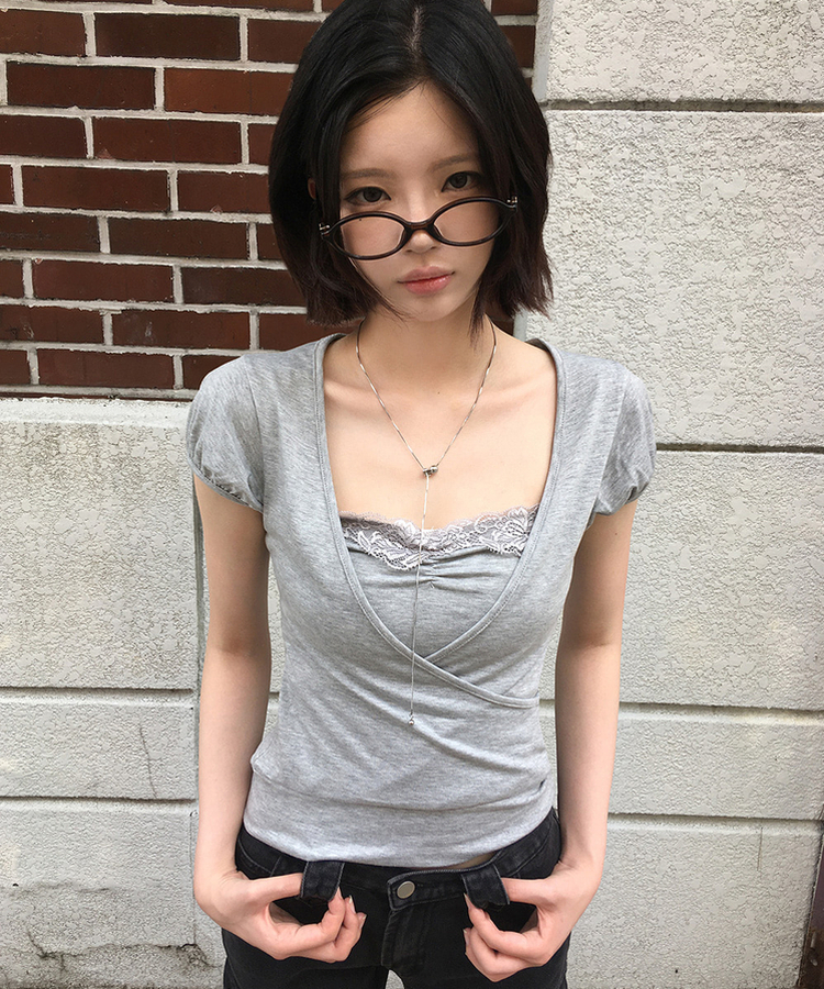 レースラップレイヤードパフ半袖Tシャツ GREY