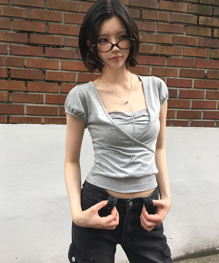 レースラップレイヤードパフ半袖Tシャツ GREY