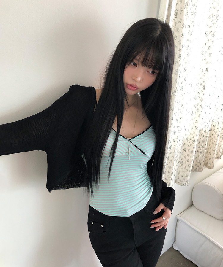 カップ付き】ストライプキャップスリーブキャミソール｜ノースリーブ