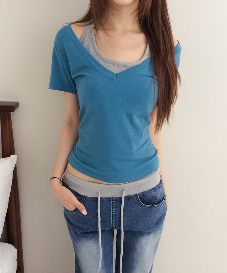 ホルターネックVネックレイヤードクロップ半袖Tシャツ AQUA BLUE