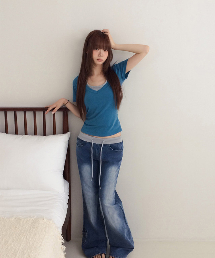 ホルターネックVネックレイヤードクロップ半袖Tシャツ AQUA BLUE