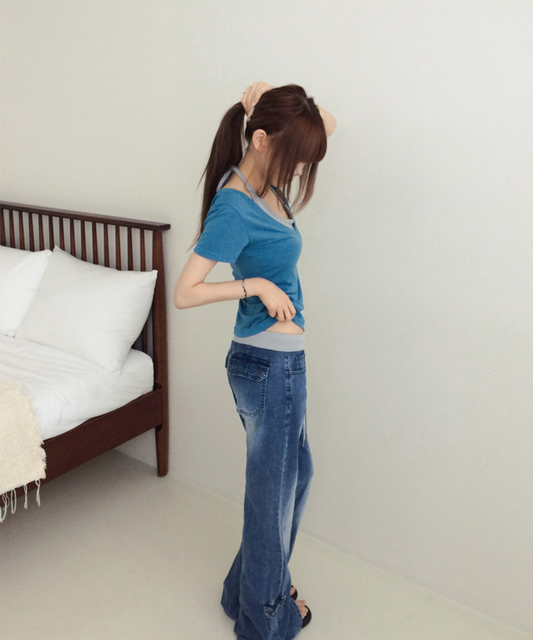 ホルターネックVネックレイヤードクロップ半袖Tシャツ AQUA BLUE